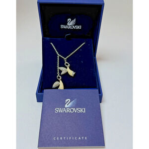 Swarovski Ivory Enamel Ice Crystal Double Angel 17" Necklace New in Box Silver